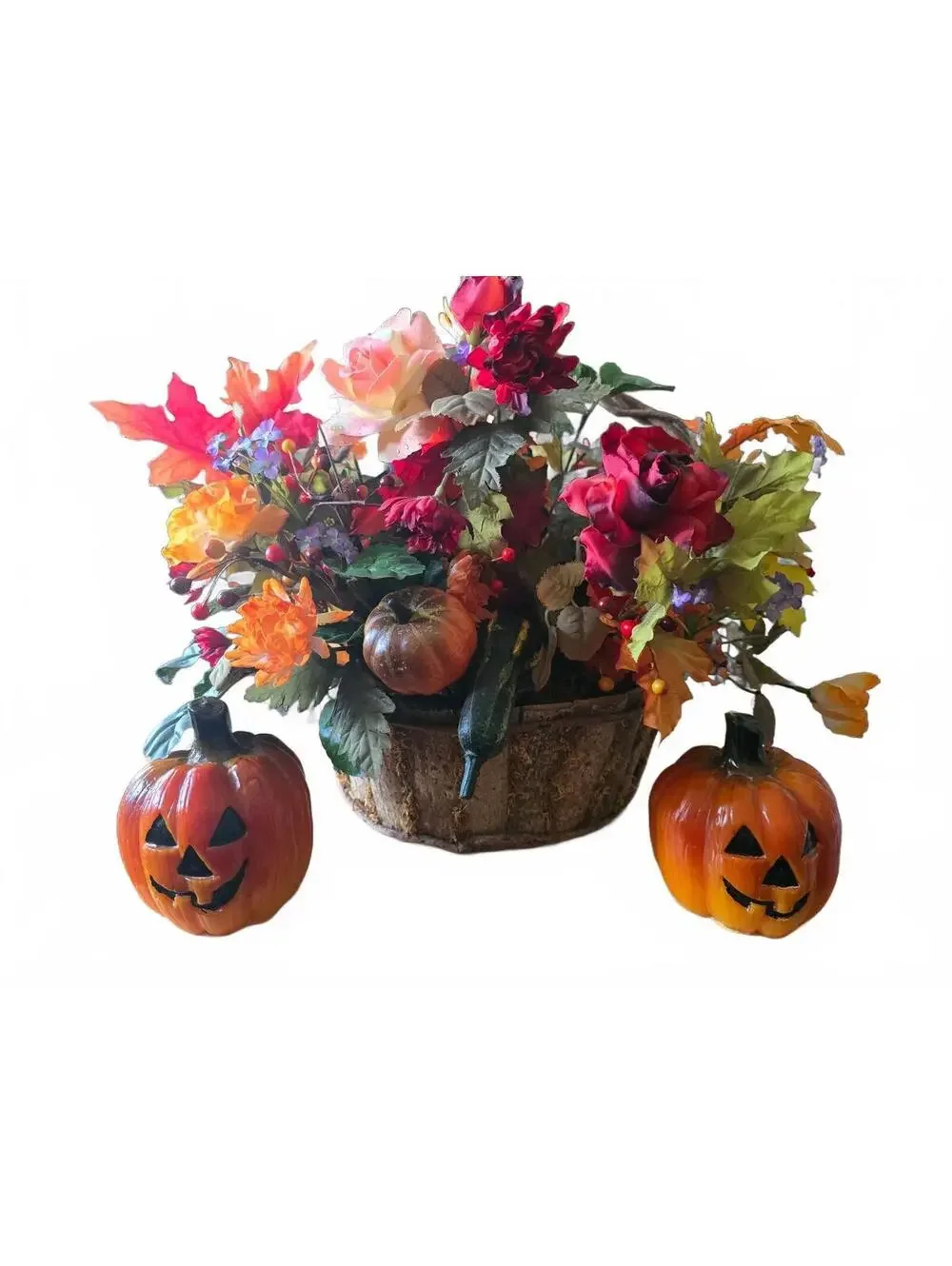Set of 2 Vintage Halloween/Thanksgiving Pumpkin Candles w/ Holiday Floral Basket